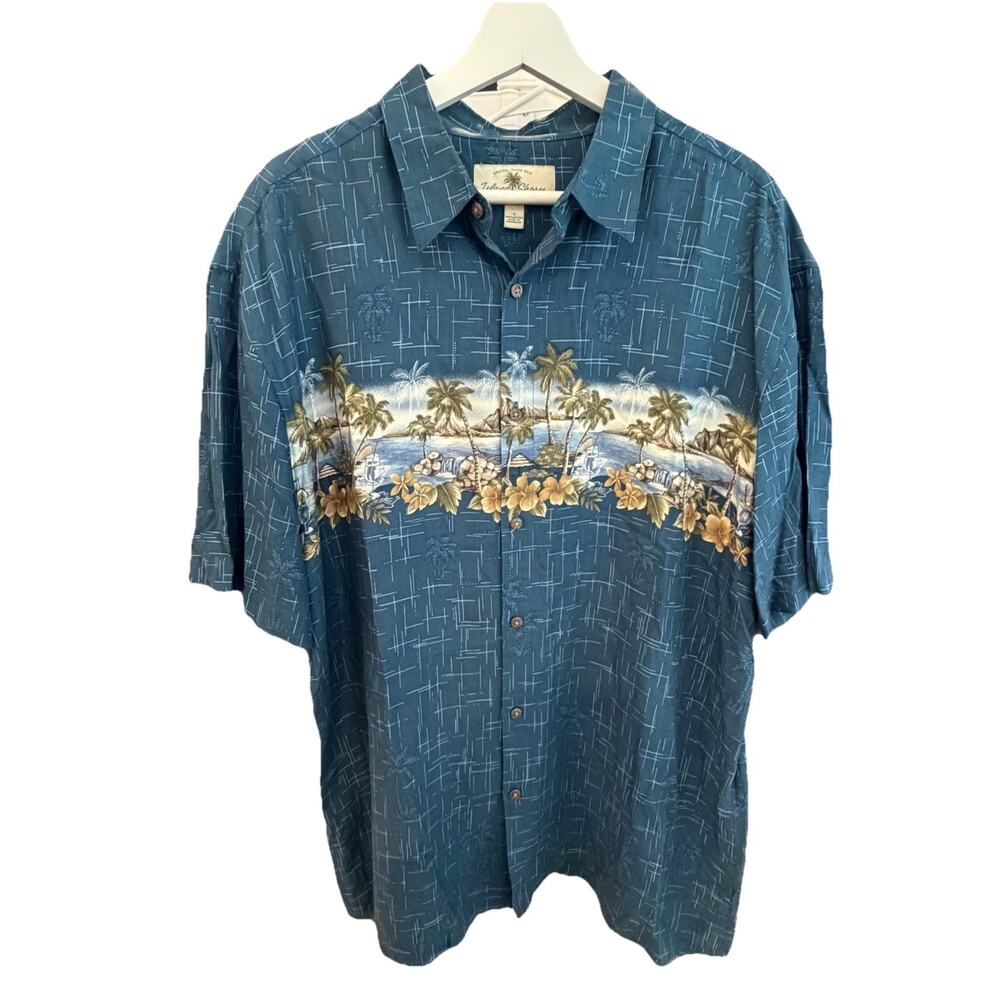 Island Shores Button Up Shirt Mens Sz L Blue Hawaiian Tropical Beach Palm Tree.